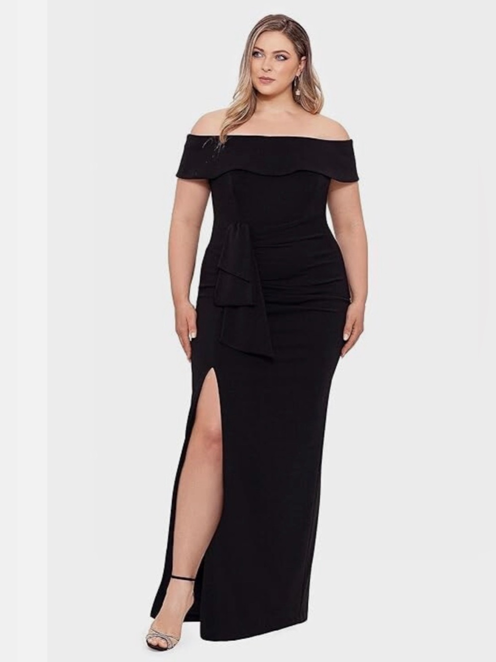 Xscape Black Ruched Off the Shoulder Crepe Maxi Dress With Side Slit
